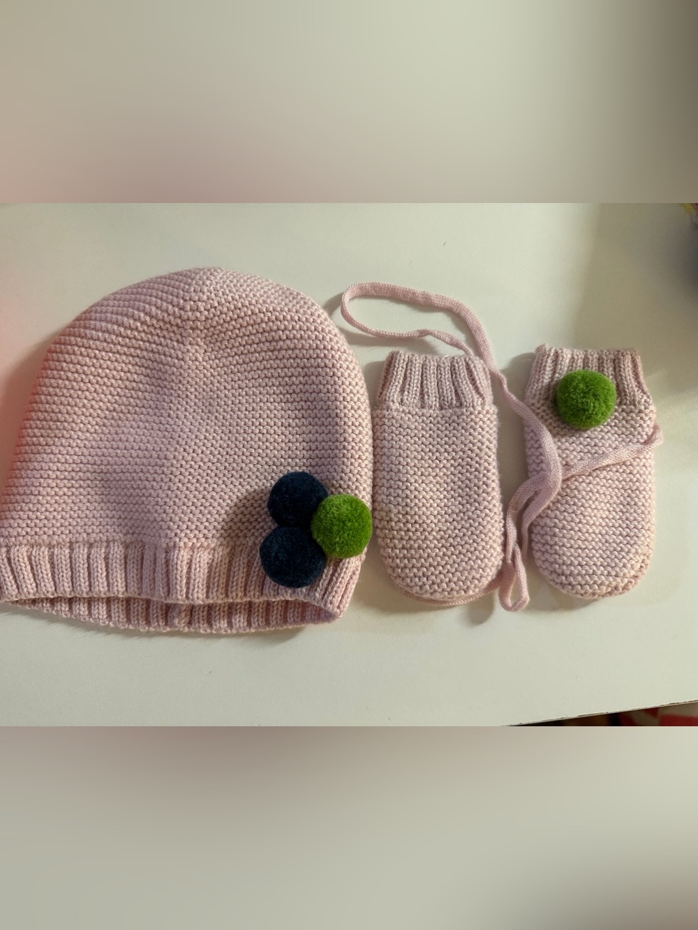 Jacadi Pink Knit Hat and Mittens Set with Green and Navy Pom Accents